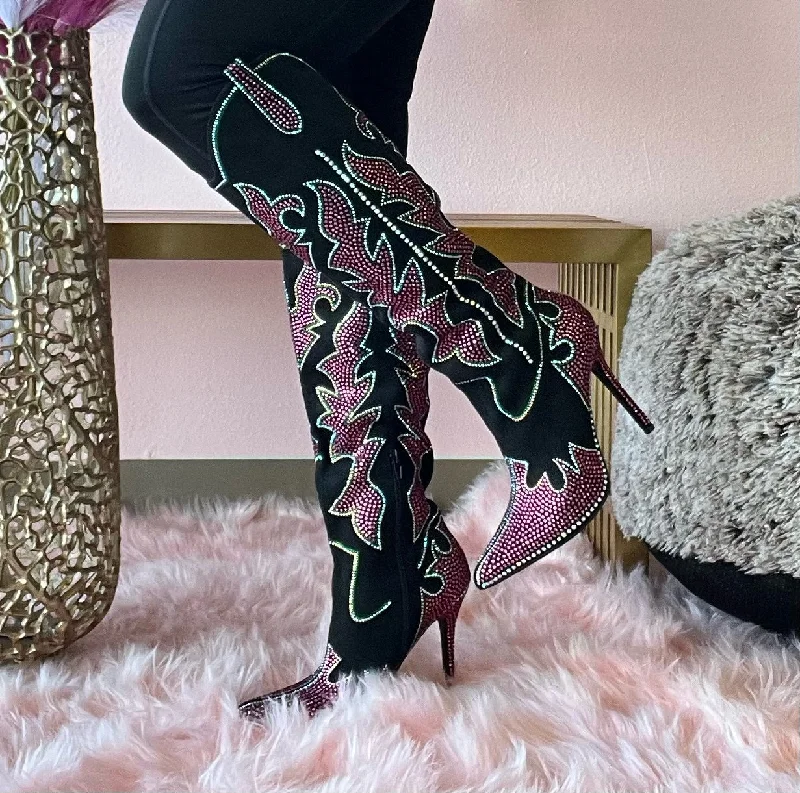 SHINING QUEEN Black boot with Hot Pink, Clear and Green Rhinestone Detail Striped Shoe Style  