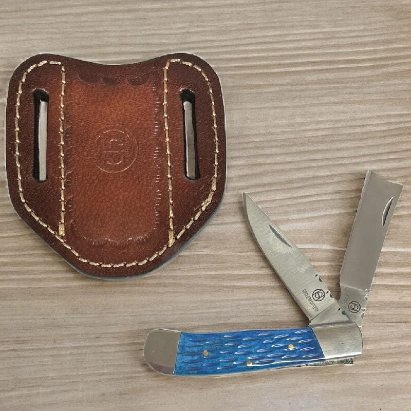 Circle SH Cutlery Double Folding Blade Blue Sculpted Bone Knife and Sheath Dressy Chelsea Boot Style 