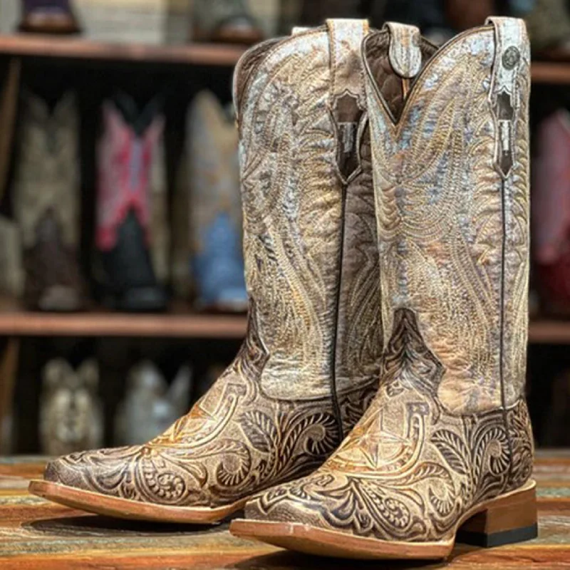 Tanner Mark Women's Brown Horseshoe Tooled Square Toe Boots Dressy Chelsea Boot Style 