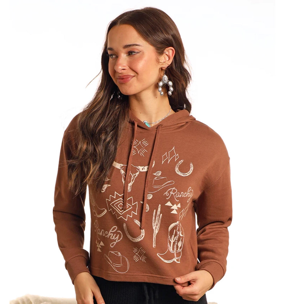 Rock & Roll Women's Range Western Graphic Cropped Hoodie Paisley Print Shoe Design  