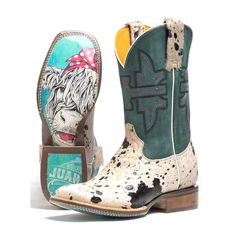 Tin Haul Women's Shaggy Cow Hide Square Toe Cowboy Boots Inflatable Shoe Look 
