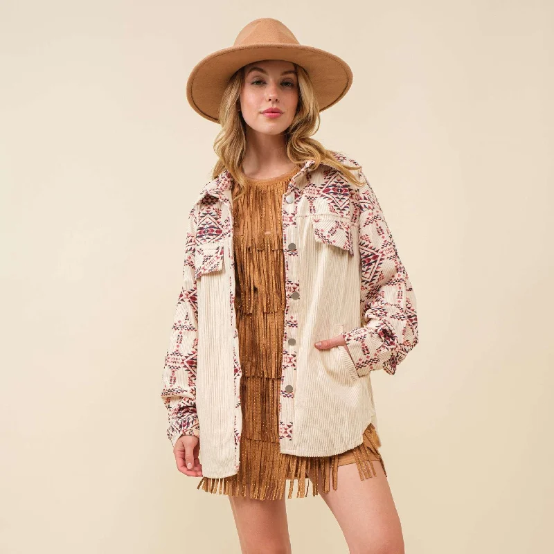Main Strip Ivory Aztec Shacket Comfortable Derby Style  
