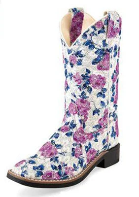 Old West Kid's White and Lilac Floral Square Toe Boots Hip - Hop Sneaker Style  