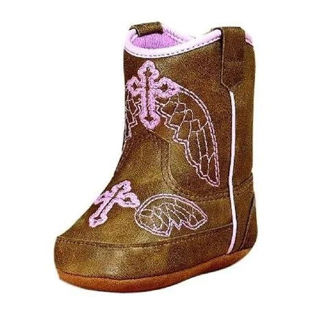 Infant Brown Metallic Pink Winged Cross Embroidery Boots Smart - Shoe Functionality Style  