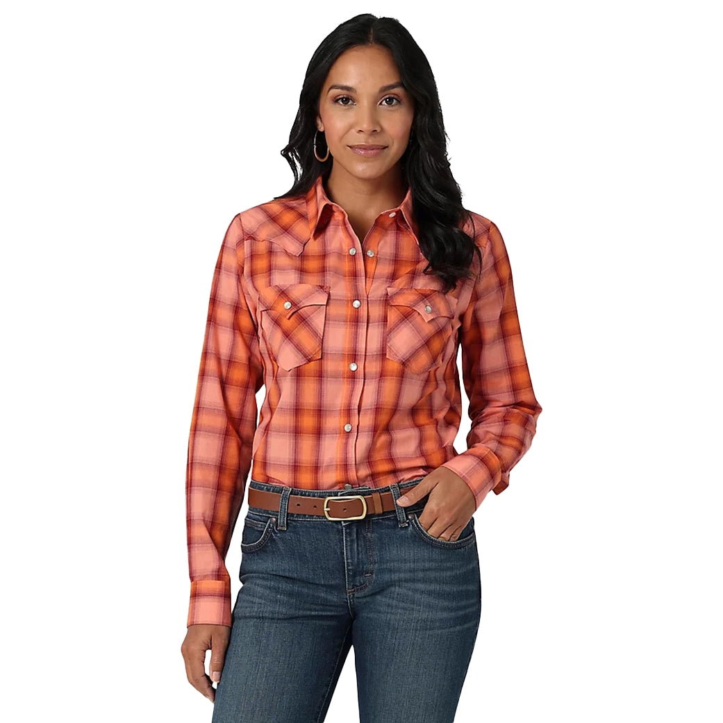 Wrangler Women's Orange Plaid Pearl Snap Long Sleeve Business Monk Strap Style  