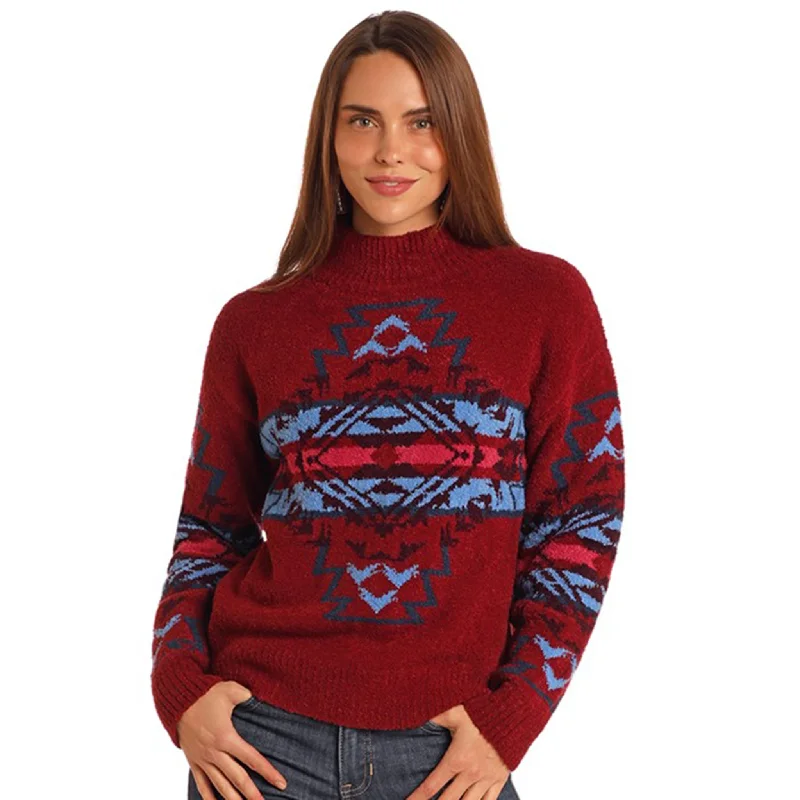 Rock & Roll Women's Dark Red Southwest Sweater Tailored Oxford Style 