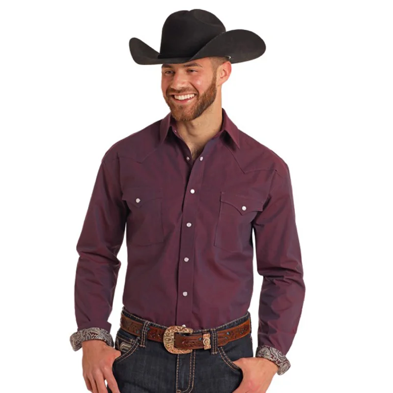 Rock & Roll Men's Solid Orchid Pearl Snap Long Sleeve Wingtip Oxford Design 