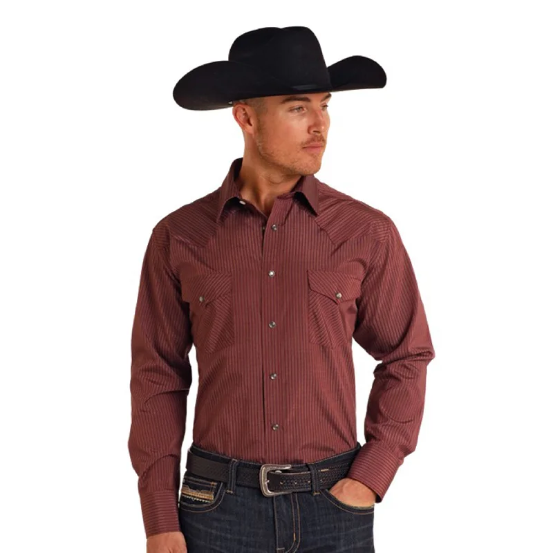 Rock & Roll Men's Wine Long Sleeve Pearl Snap Brogue Oxford Aesthetic 
