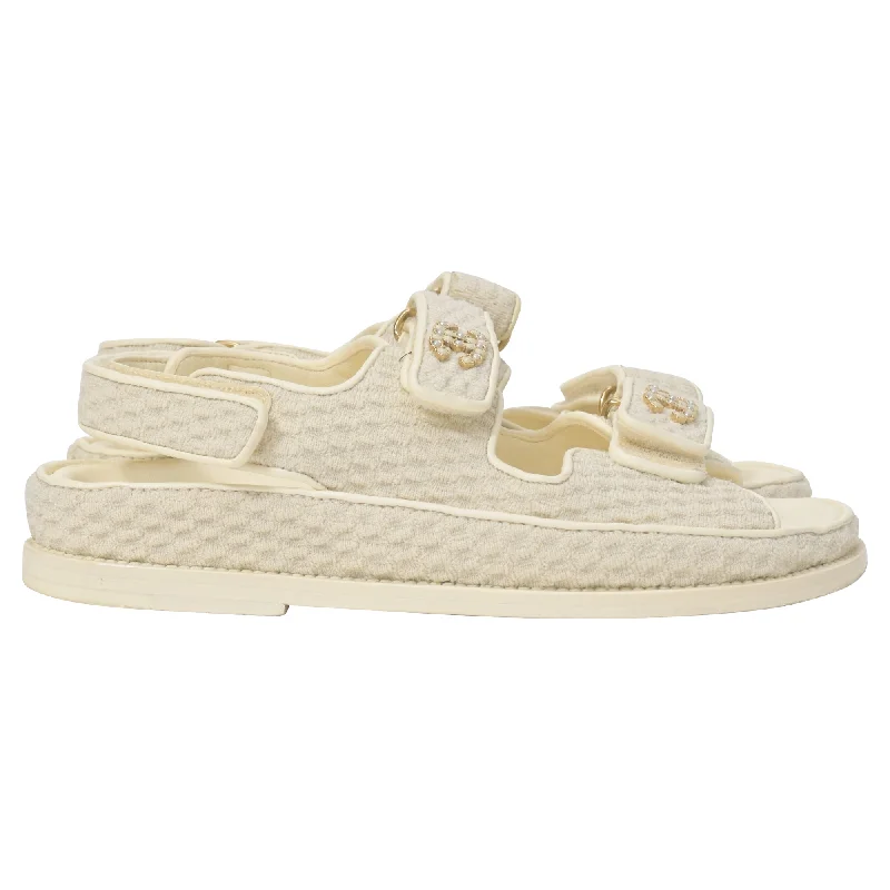 Chanel Velcro Dad Sandals in Cream Knit Fabric Victorian - Era Boot Style  